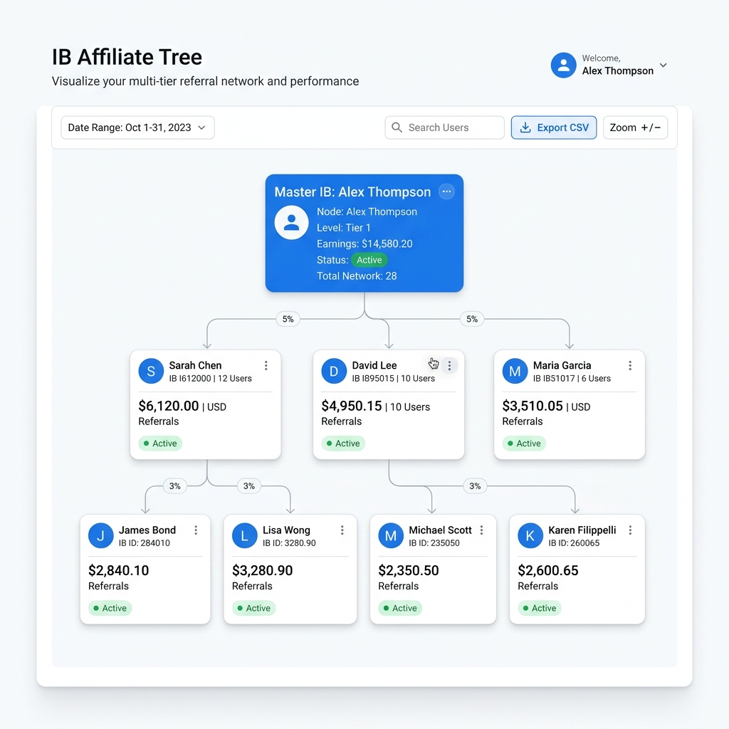 Multi-tier IB commission tree visualization showing partner hierarchy and automated rebate calculations